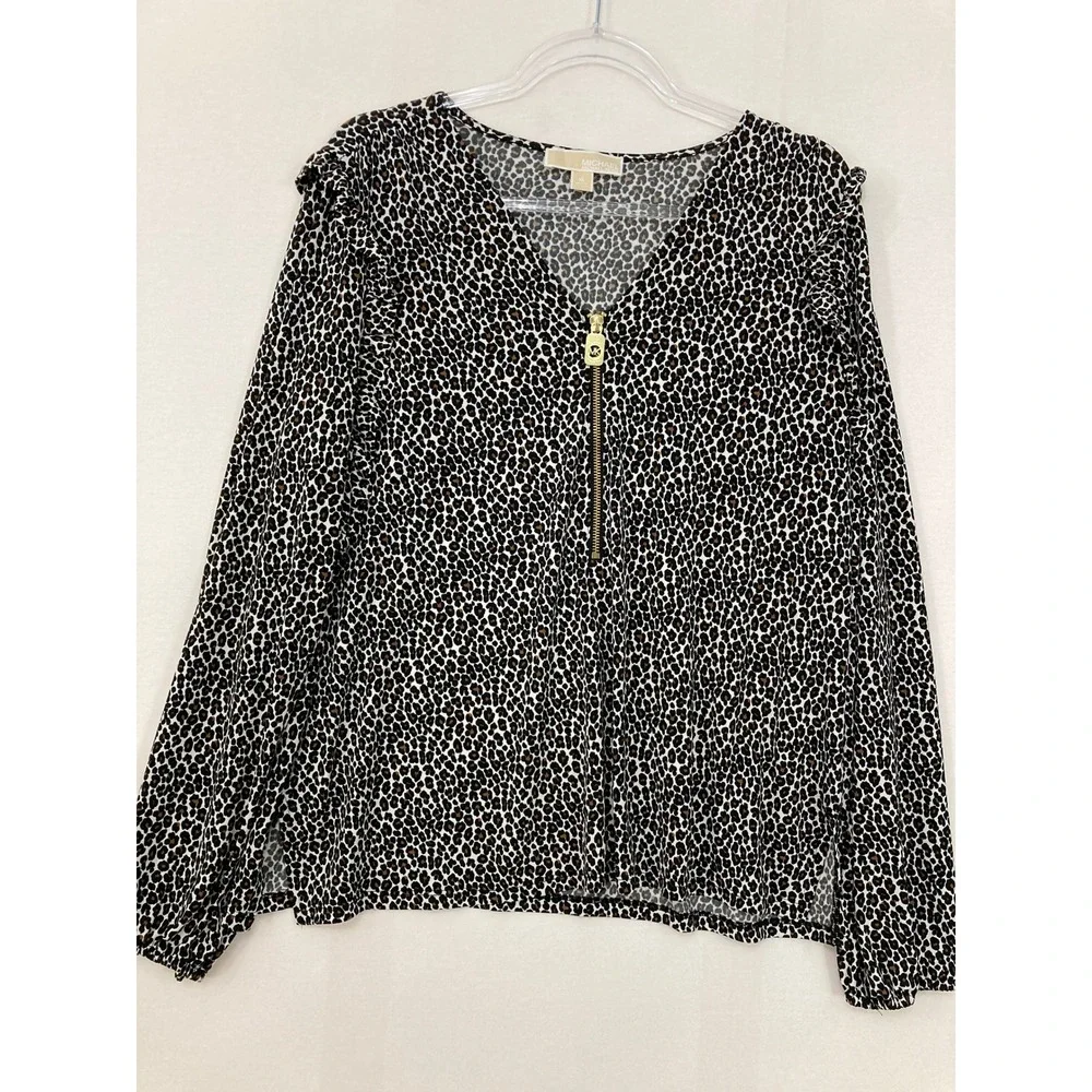 Michael Michael Kors Blouse XL Brown Leopard Print Zip‎ Front Popover Top